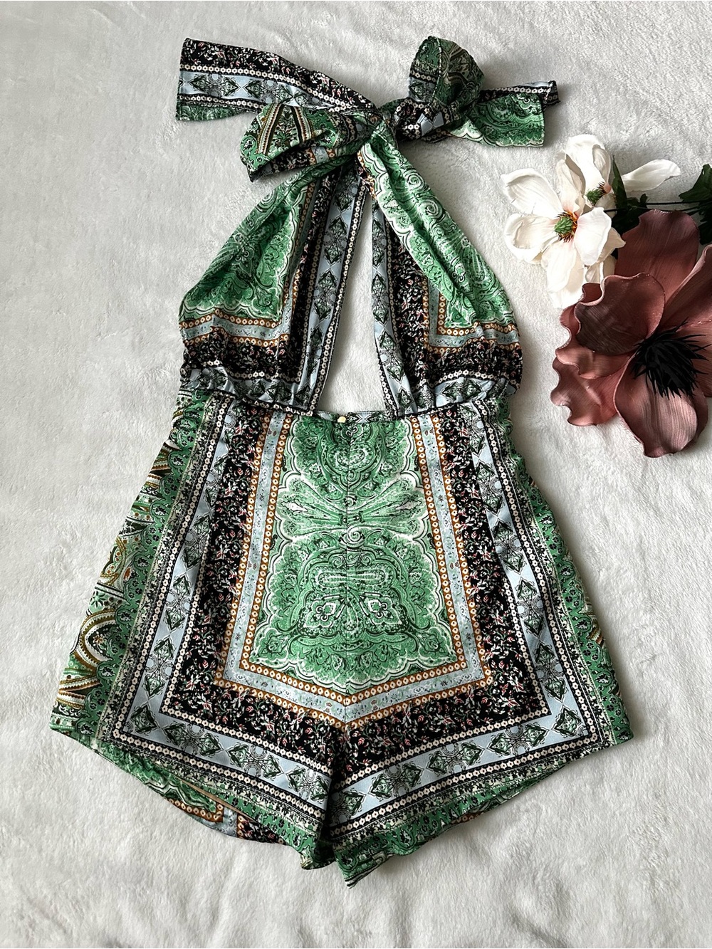 Bronx & Banco Bedouin Romper Halter Neck Paisley Green Silk Blend